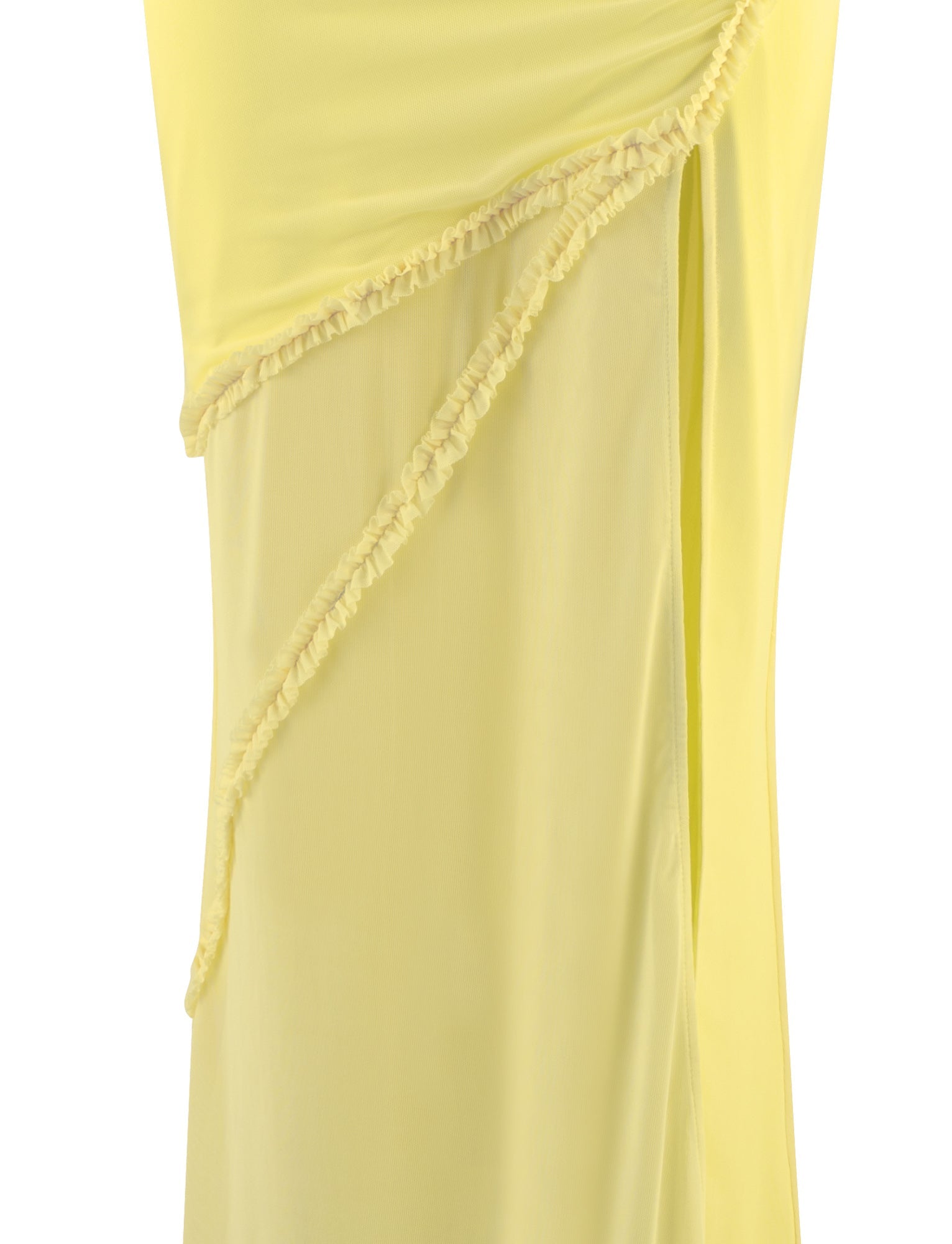 A close-up of the MIARA DRESS in Pale Yellow Citrus from TIGERMIST showcases its ruched detail. The lightweight fabric appears semi-transparent in areas and features a diagonally gathered seam, contributing to the bright and vibrant color that adds a cheerful touch to the material.