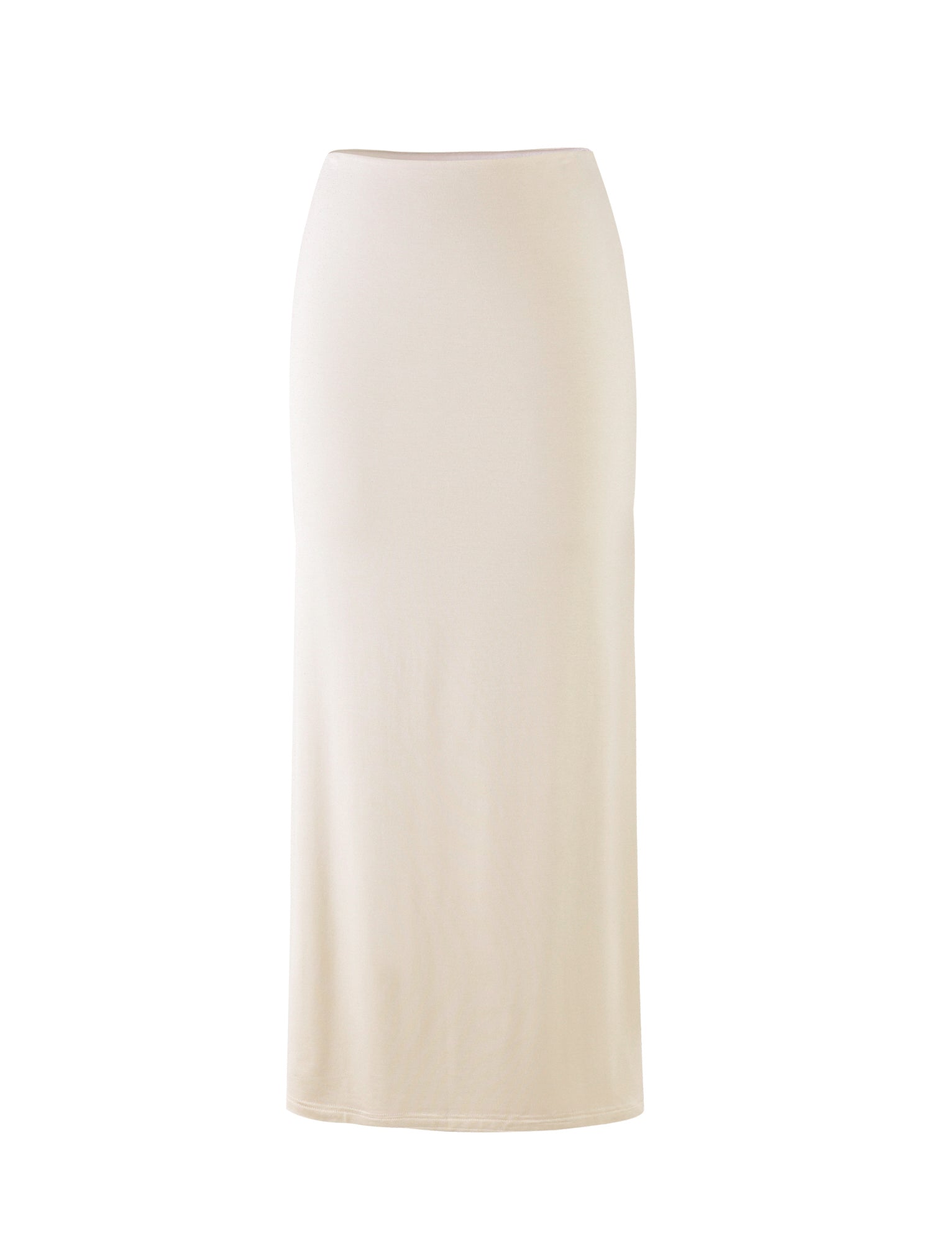 The KAROLINA JERSEY SKIRT in off white, ivory from TIGERMIST is a long, high-waisted pencil skirt made from a soft, stretchy fabric. This fitted skirt falls straight down to the ankles, creating a sleek silhouette.