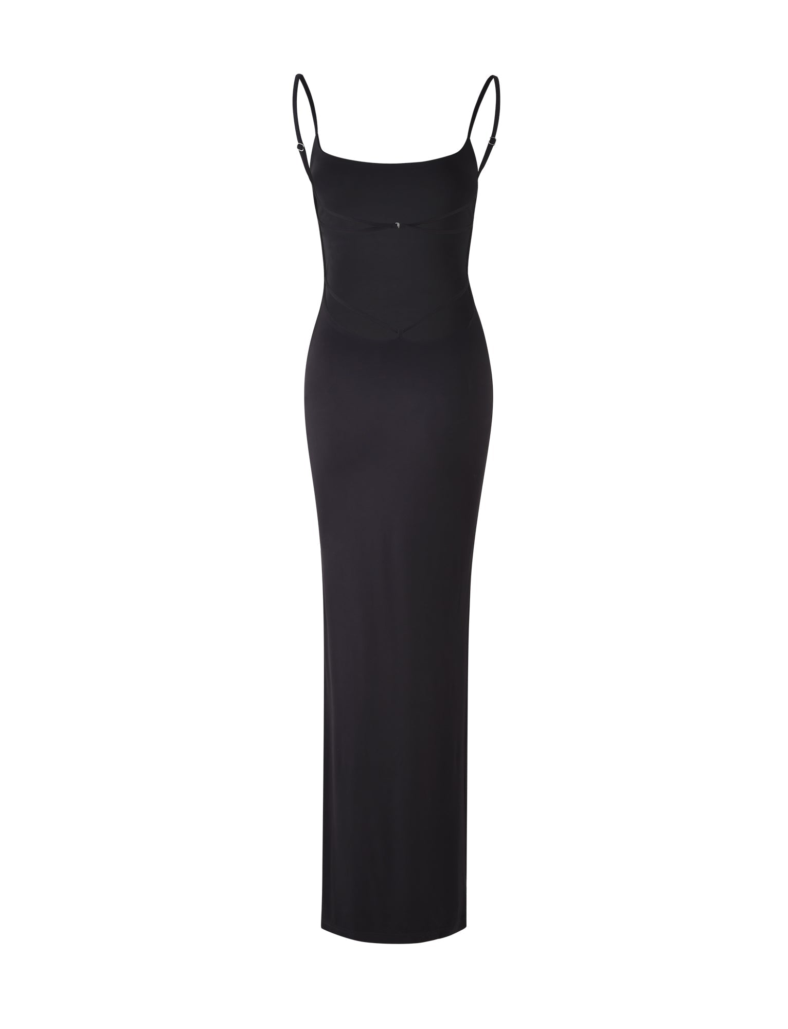 Introducing the MINERVA MAXI DRESS from TIGERMIST, a sleek and elegant black floor-length dress with thin spaghetti straps and a fitted silhouette. The minimalist design boasts a slight scoop neckline and smooth fabric, offering an elegant and timeless look perfect for various formal occasions.
