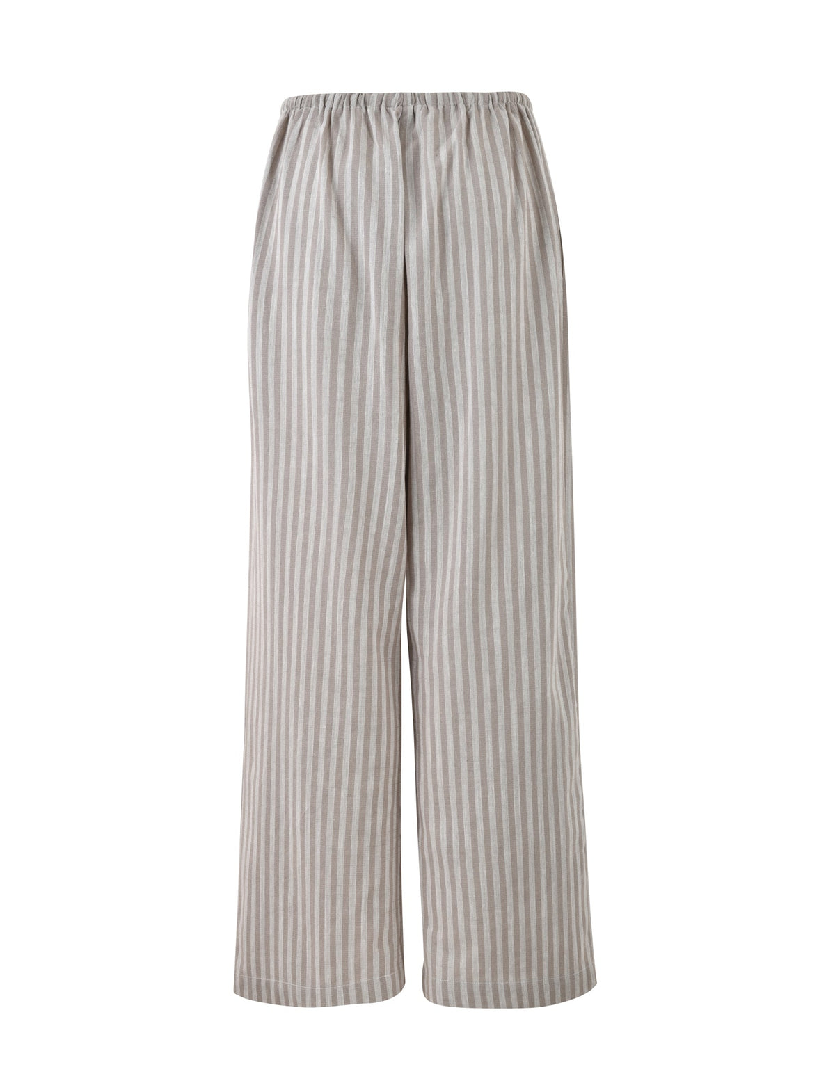 A pair of LAINEY PANT - GREY : STRIPE by TIGERMIST, featuring a loose fit with high-waisted, wide-leg design and an elastic waistband. The lightweight, breathable fabric is adorned with vertical white and light brown stripes.