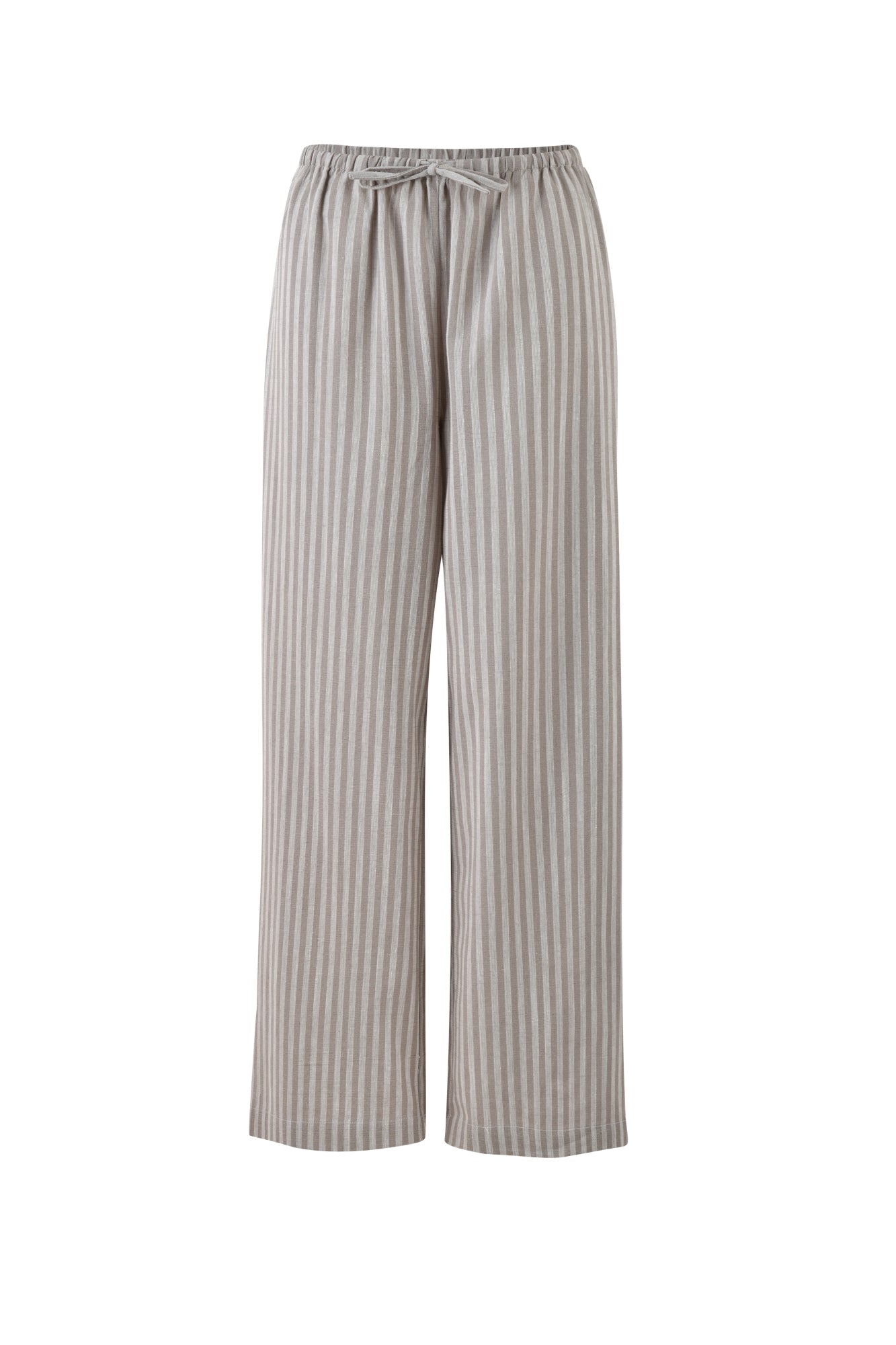 The LAINEY PANT - GREY : STRIPE from TIGERMIST are loose-fitting, wide-legged pants featuring vertical beige and white stripes. They come with an elastic waistband and a drawstring for adjustable fit but do not have visible pockets or additional features.