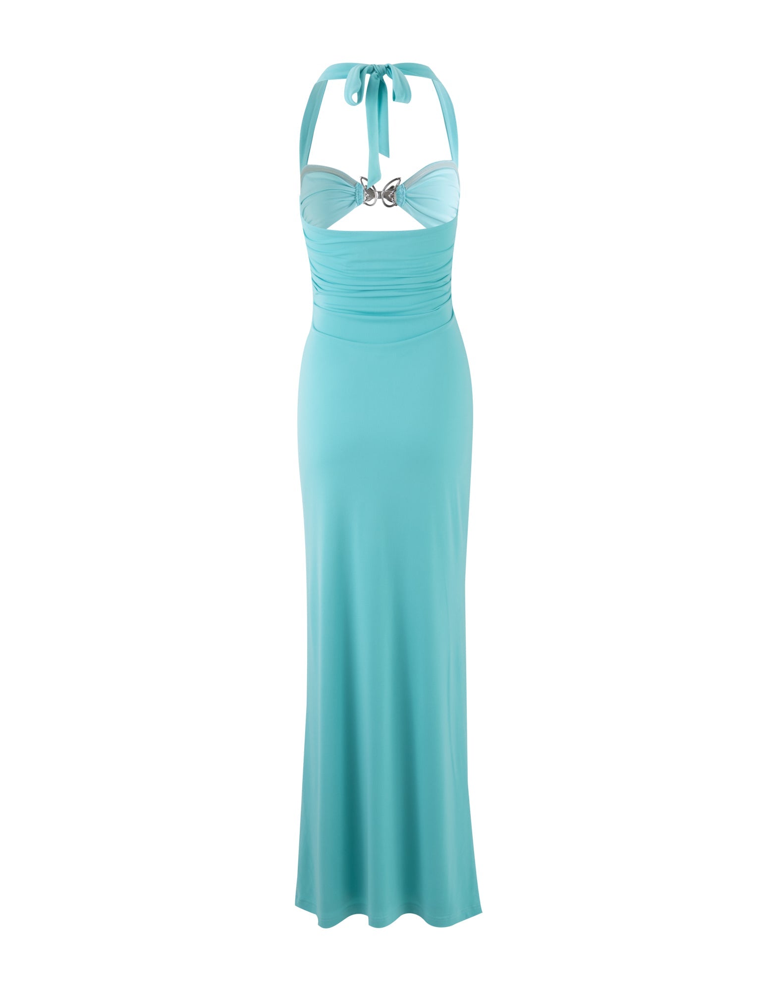 A Tiger Mist Coraline Dress in baby blue featuring a fitted bodice with gathered detailing and a subtle keyhole cut-out at the chest, adorned with a silver decorative clasp. The dress flows into a long, sleek skirt, creating an elegant and sophisticated silhouette.