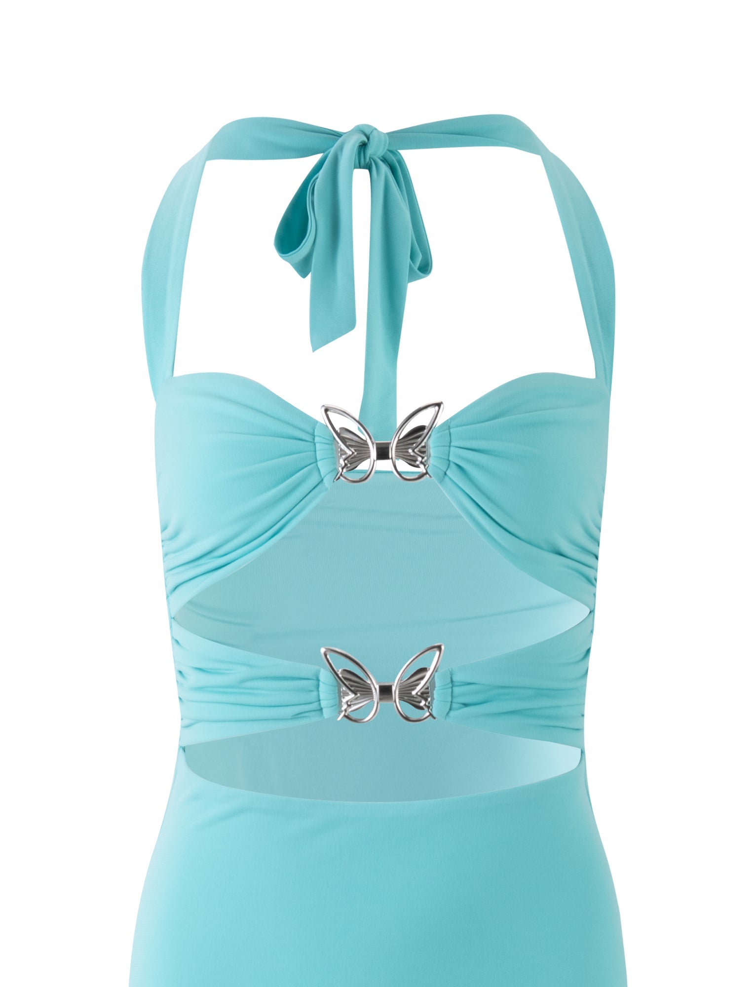 A baby blue halter-neck dress from TigerMist featuring two cut-out sections on the front, adorned with silver butterfly-shaped clasps. The neckline ties at the back, and the fabric is ruched around the cut-outs, adding a stylish detail to this Coraline dress.