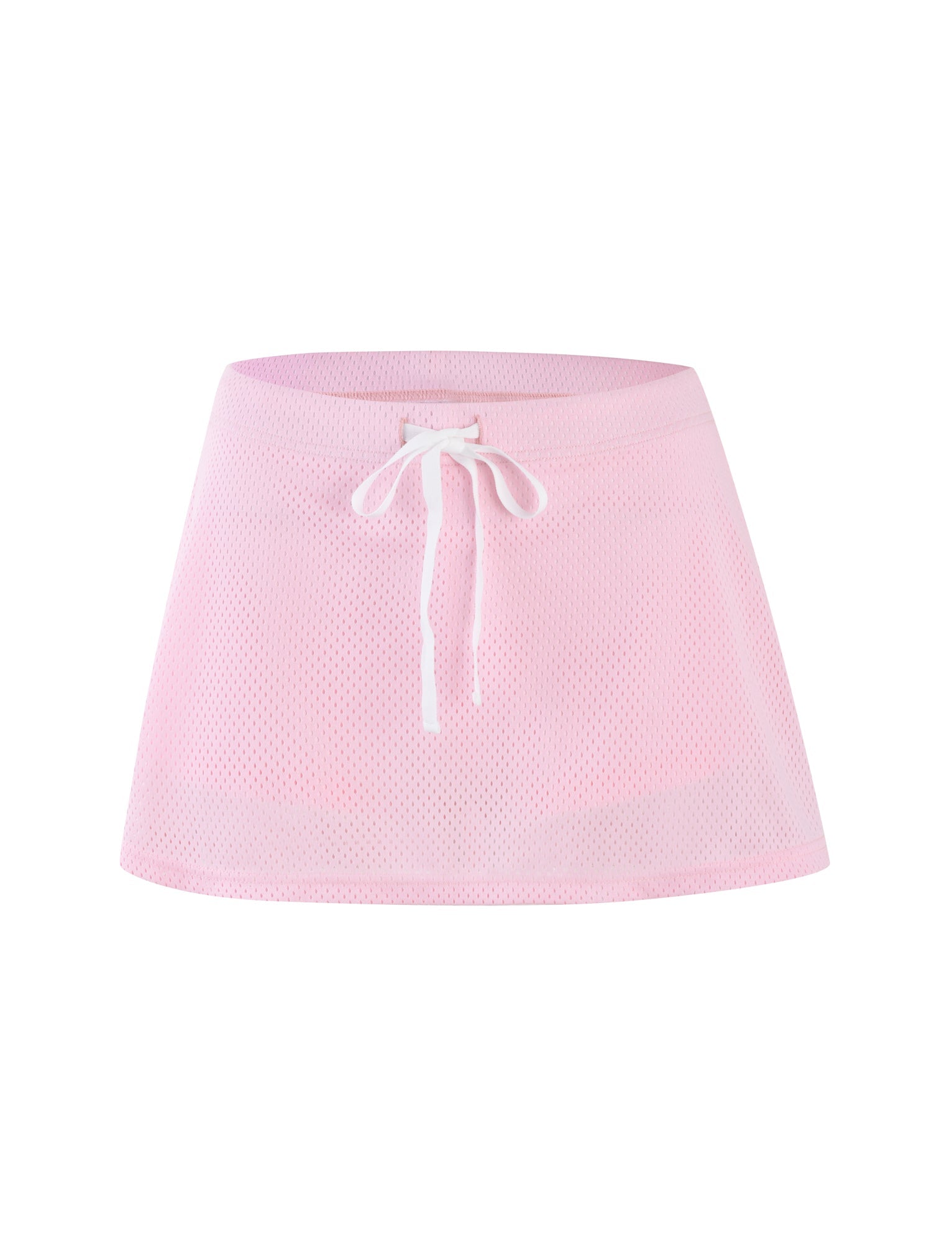 A NYDIA SKORT - PINK : BLUSH : DUSTY PINK from TIGERMIST, featuring a drawstring waistband, is displayed against a plain white background. The skort has a lightweight and airy appearance with visible perforations typical of mesh fabric.