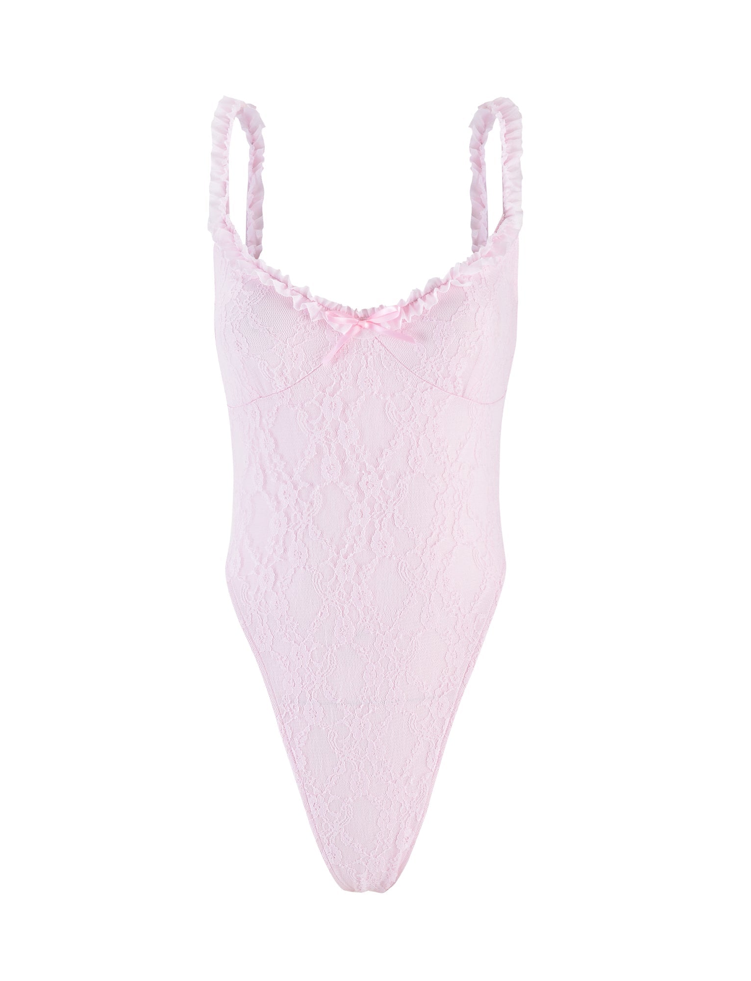 The DEJA BODYSUIT in pastel pink from TIGERMIST features thin shoulder straps, a delicate ruffle trim around the neckline, and a small bow at the center. Its high-cut leg design adds a stylish touch to this light pink lace bodysuit.
