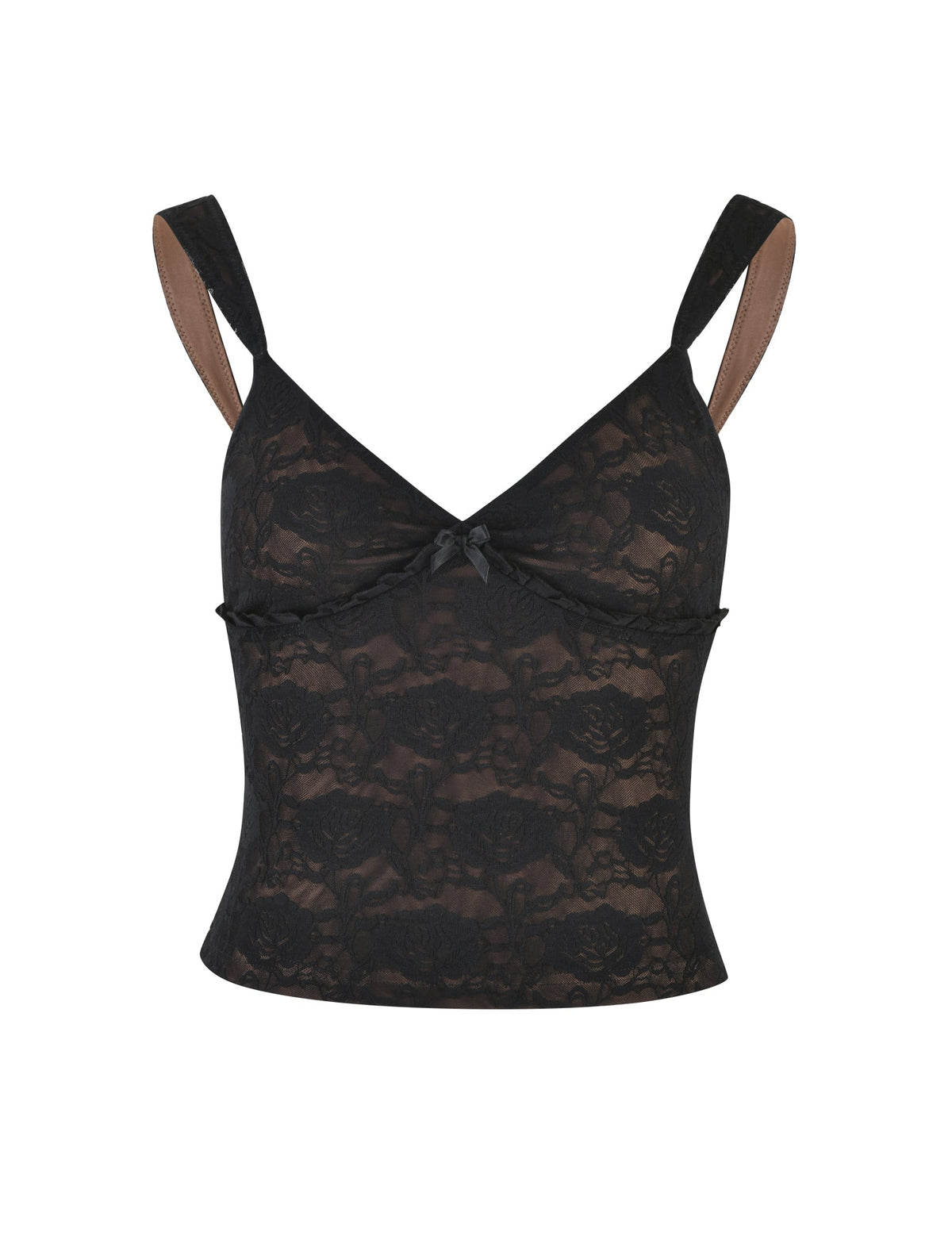 The ISADORA TOP - BLACK : LACE from TIGERMIST is a black lace camisole with wide shoulder straps, a V-neckline, and a small bow at the center front. It features a floral lace pattern and a fitted silhouette, offering a delicate and elegant appearance.