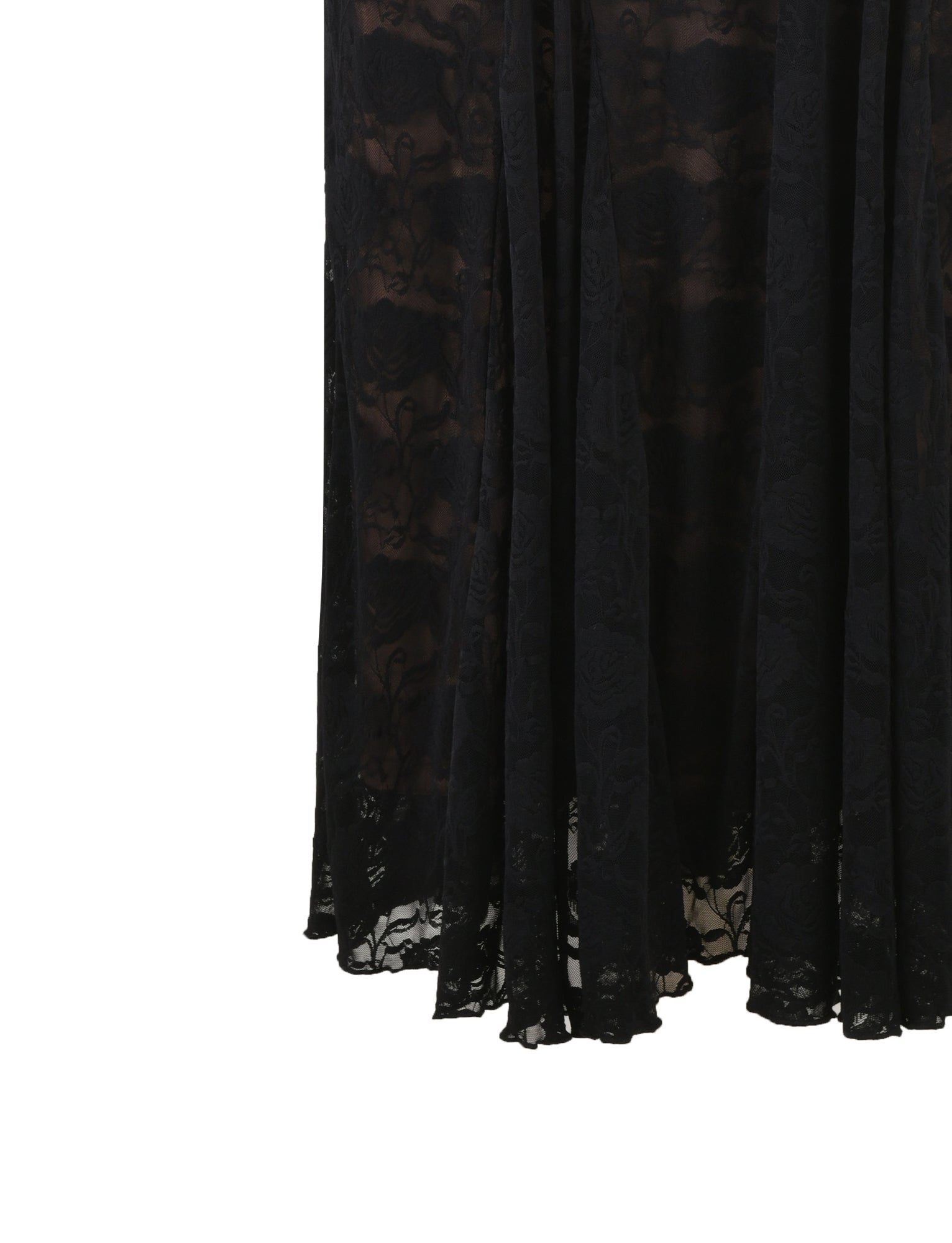 Close-up of the ISADORA SKIRT - BLACK by TIGERMIST, a long, semi-transparent lace skirt featuring an intricate floral pattern. The skirt drapes smoothly down, with subtle pleats creating gentle folds in the fabric.