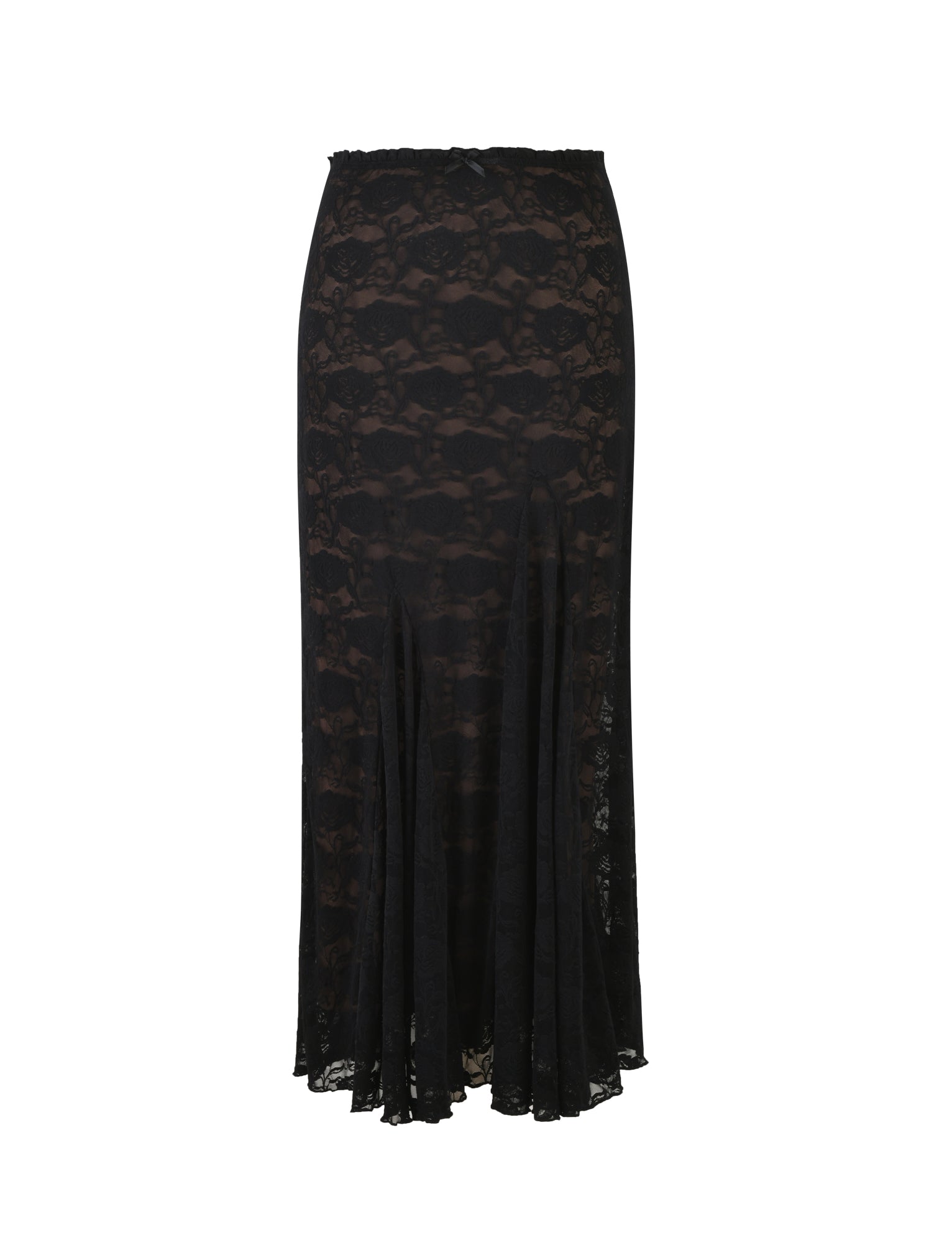 The TIGERMIST ISADORA SKIRT - BLACK : LACE is a sophisticated black lace midi skirt. It features a form-fitting design at the top that gracefully flares out at the bottom, showcasing a floral lace pattern for an elegant and delicate appearance. The skirt ends just below the knees.