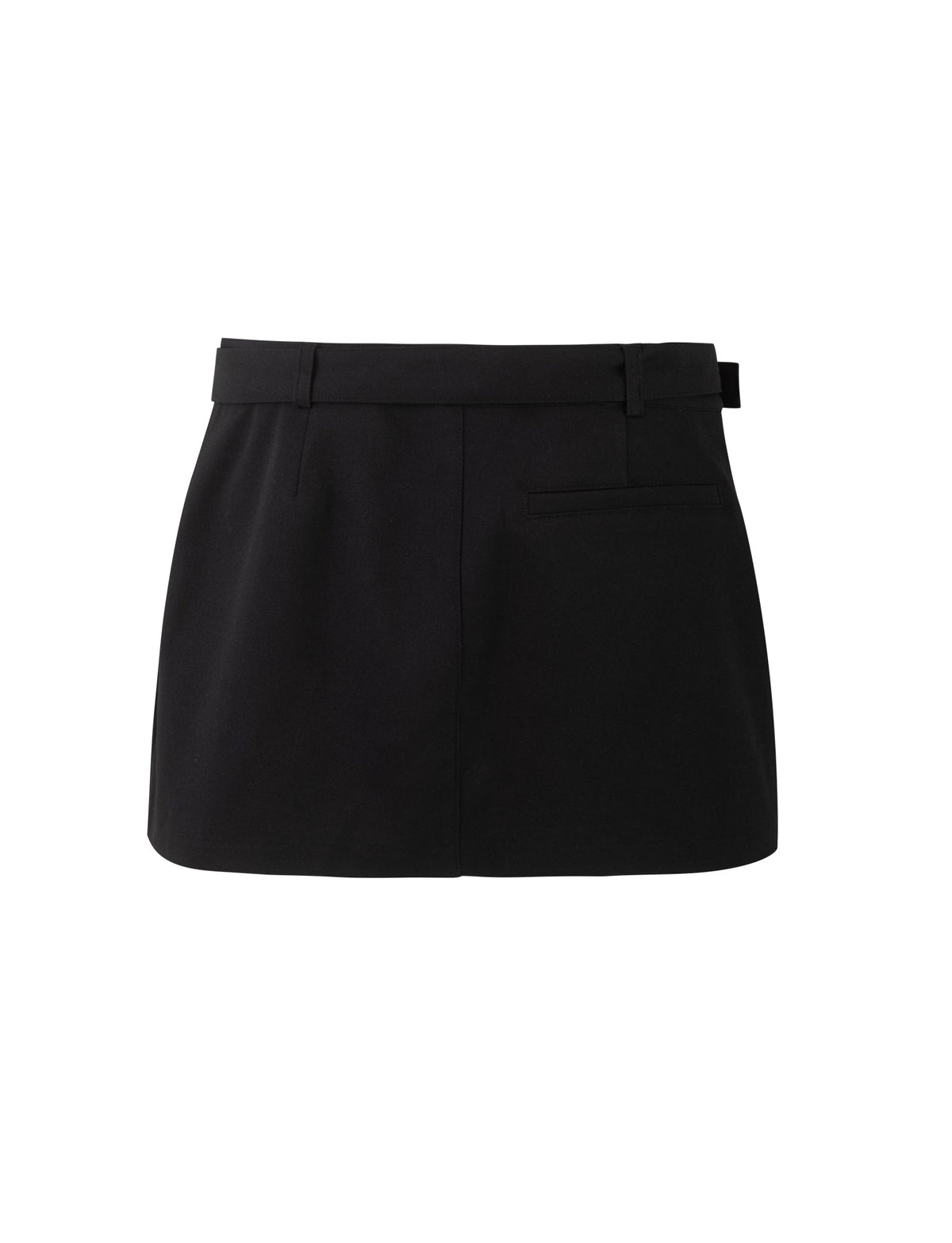 A front view of the NADINE SKORT - BLACK from TIGERMIST, showcasing a short skirt design with belt loops and a single back pocket. The smooth and tailored fabric gives this skort a polished and versatile look, making it suitable for various occasions.