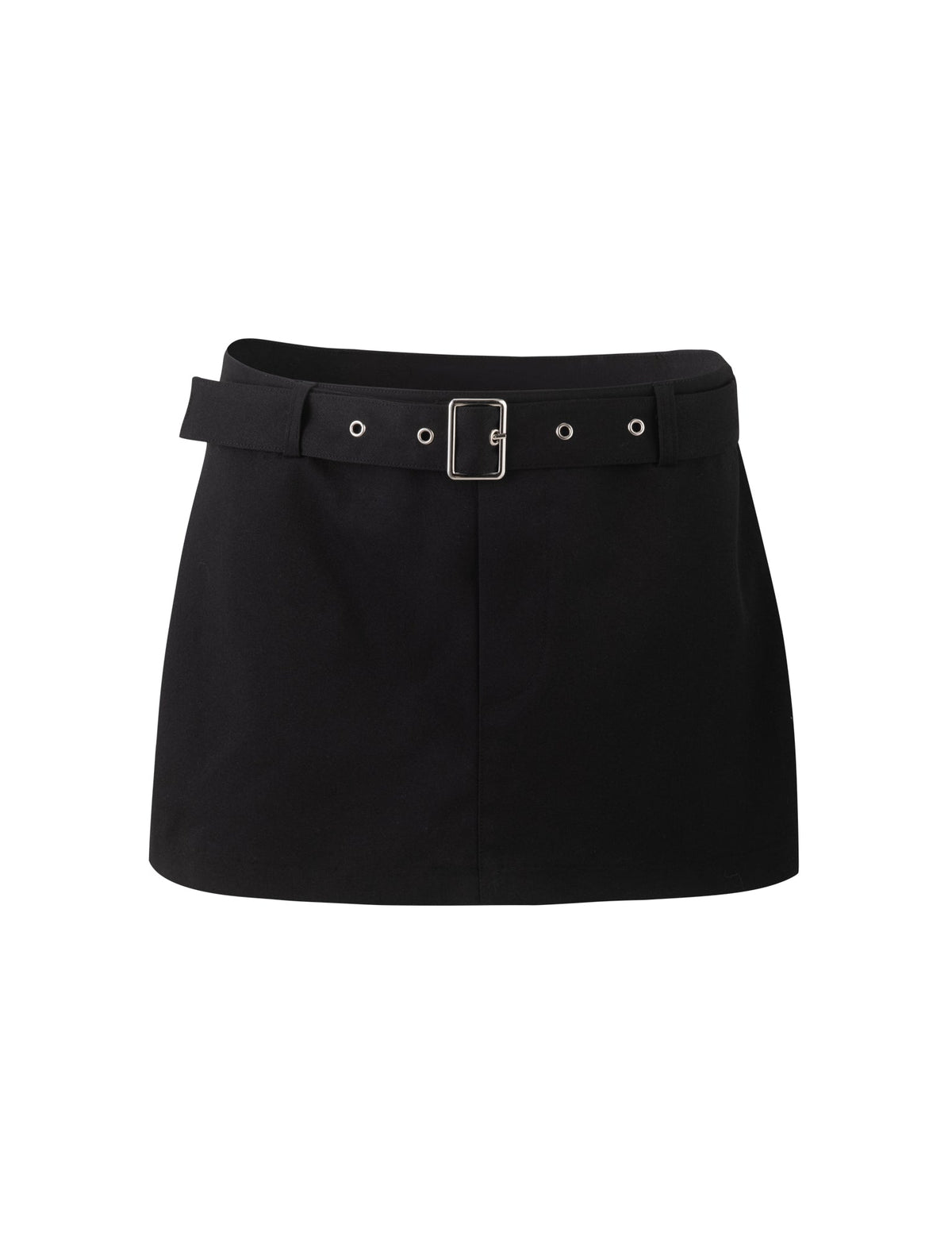 The NADINE SKORT - BLACK from TIGERMIST is a black mini skirt that includes a matching black belt with a silver buckle and eyelets. The skort features a straight, simple design without any additional embellishments.