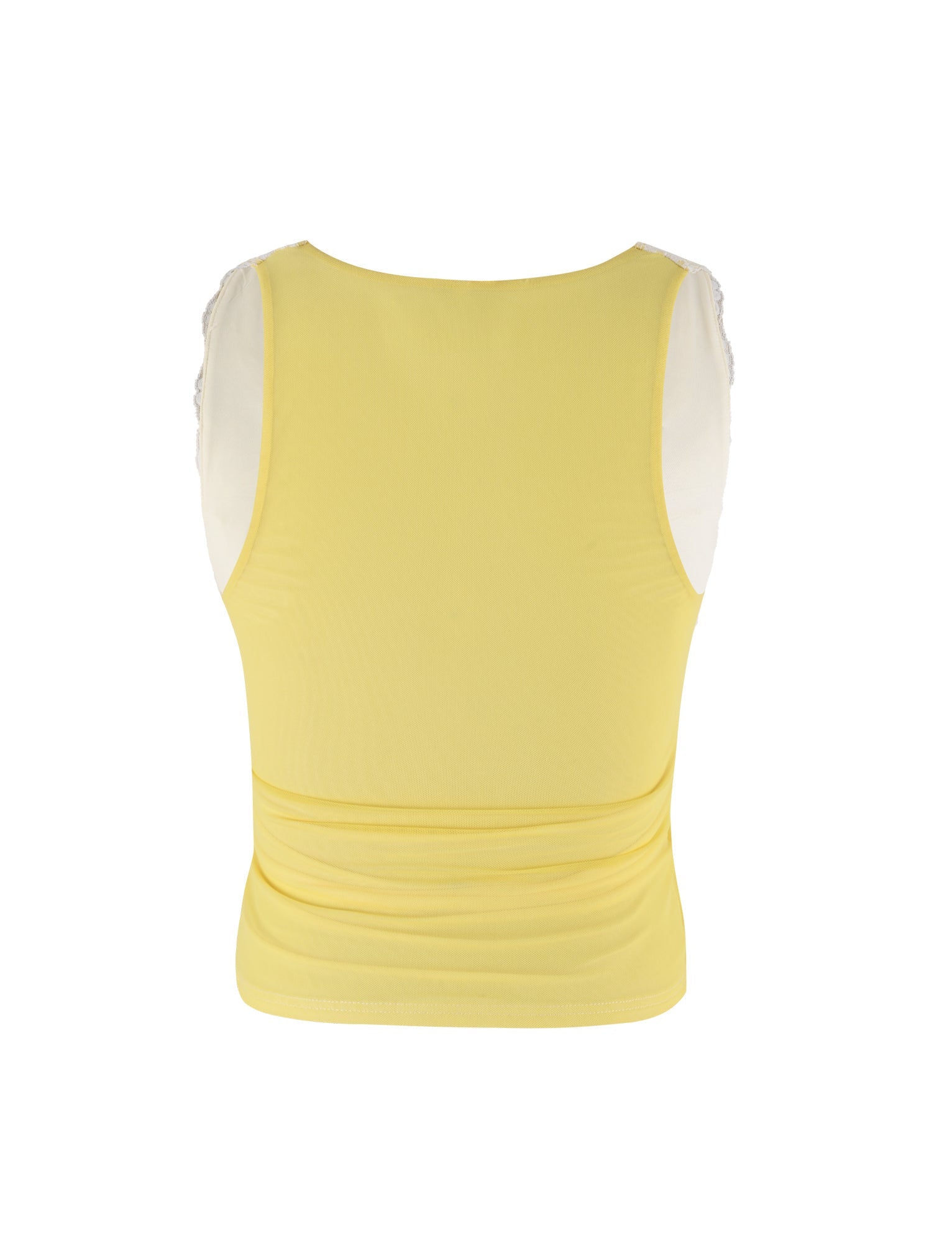 The EMBERLY TOP - YELLOW : LEMON from TIGERMIST is a sleeveless design with a fitted silhouette, viewed from the back. It features delicate white lace detailing on the shoulders, offering an elegant contrast to the plain yellow fabric. This top embodies a casual and airy style, perfect for warm weather.