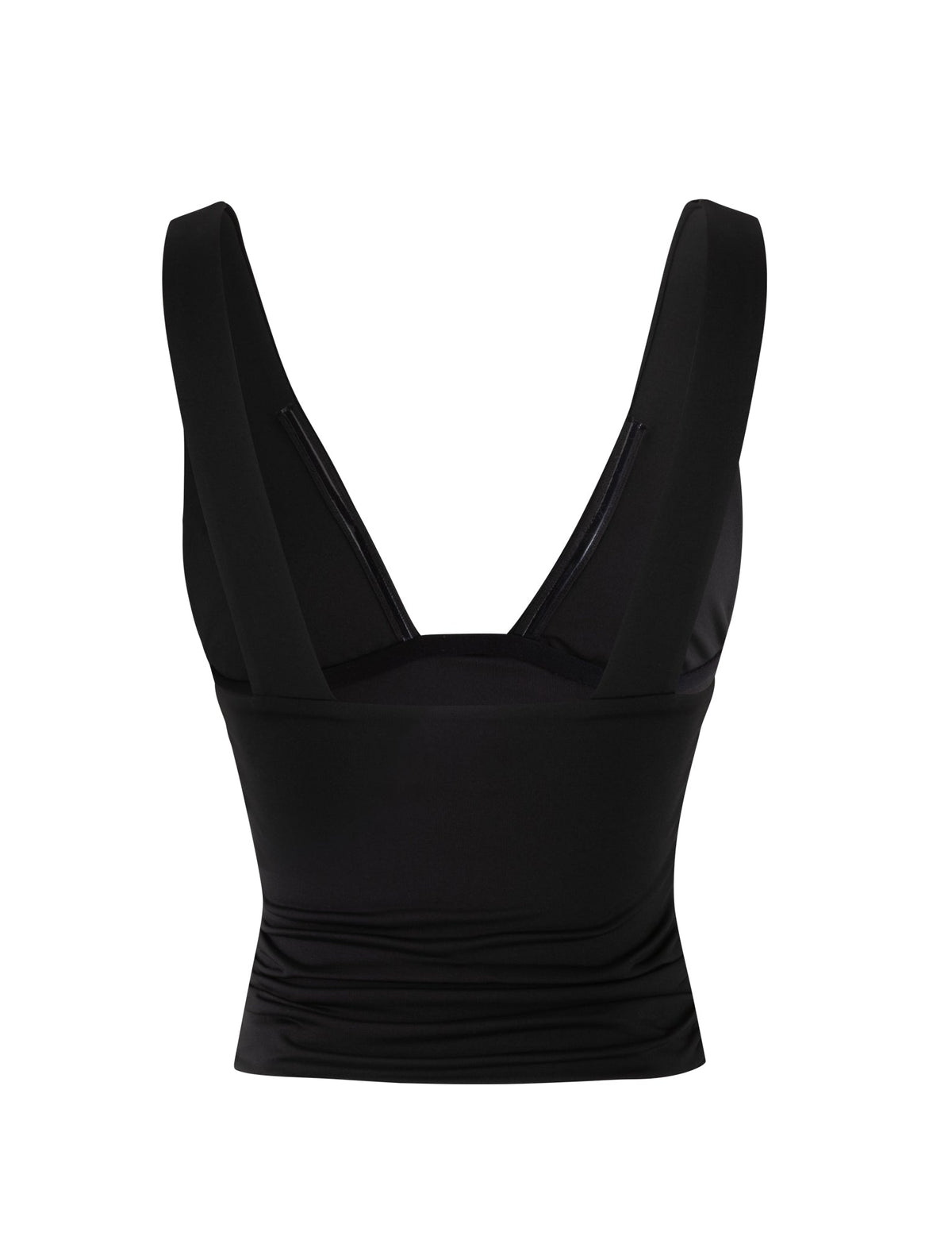 Image of the LUNARIA TOP - BLACK, a sleeveless crop top by TIGERMIST. This piece features wide shoulder straps, a deep V-neckline, and a fitted silhouette made from stretchy, smooth fabric. The back showcases smooth lines with a slightly ruched texture at the waist.