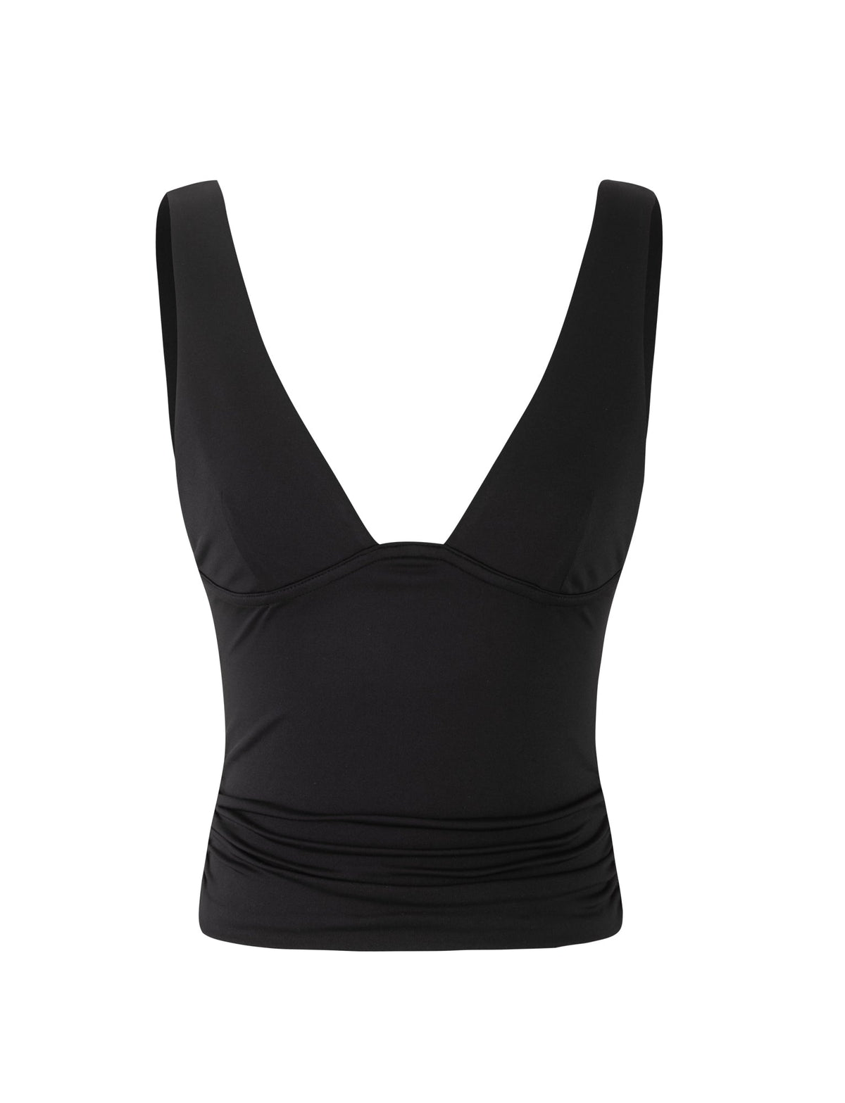 A TIGERMIST LUNARIA TOP - BLACK, featuring a sleeveless design with a deep V-neckline. The fabric has a slight sheen, and light ruching at the waist creates a form-fitting silhouette. The top is displayed against a plain white background.