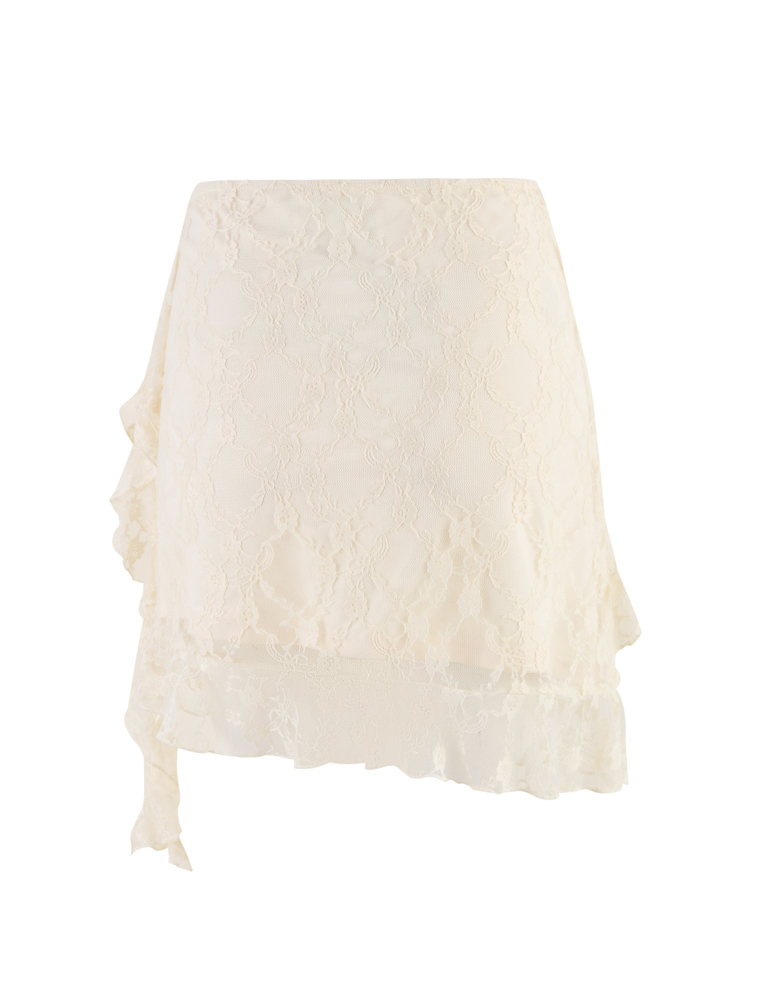 The STORMI LACE SKIRT by TIGERMIST in Champagne Beige features asymmetrical ruffle details along the hemline. The delicate lace pattern adds a touch of elegance, making it suitable for both casual and formal occasions. The skirt has a fitted waist and a slightly flared silhouette.