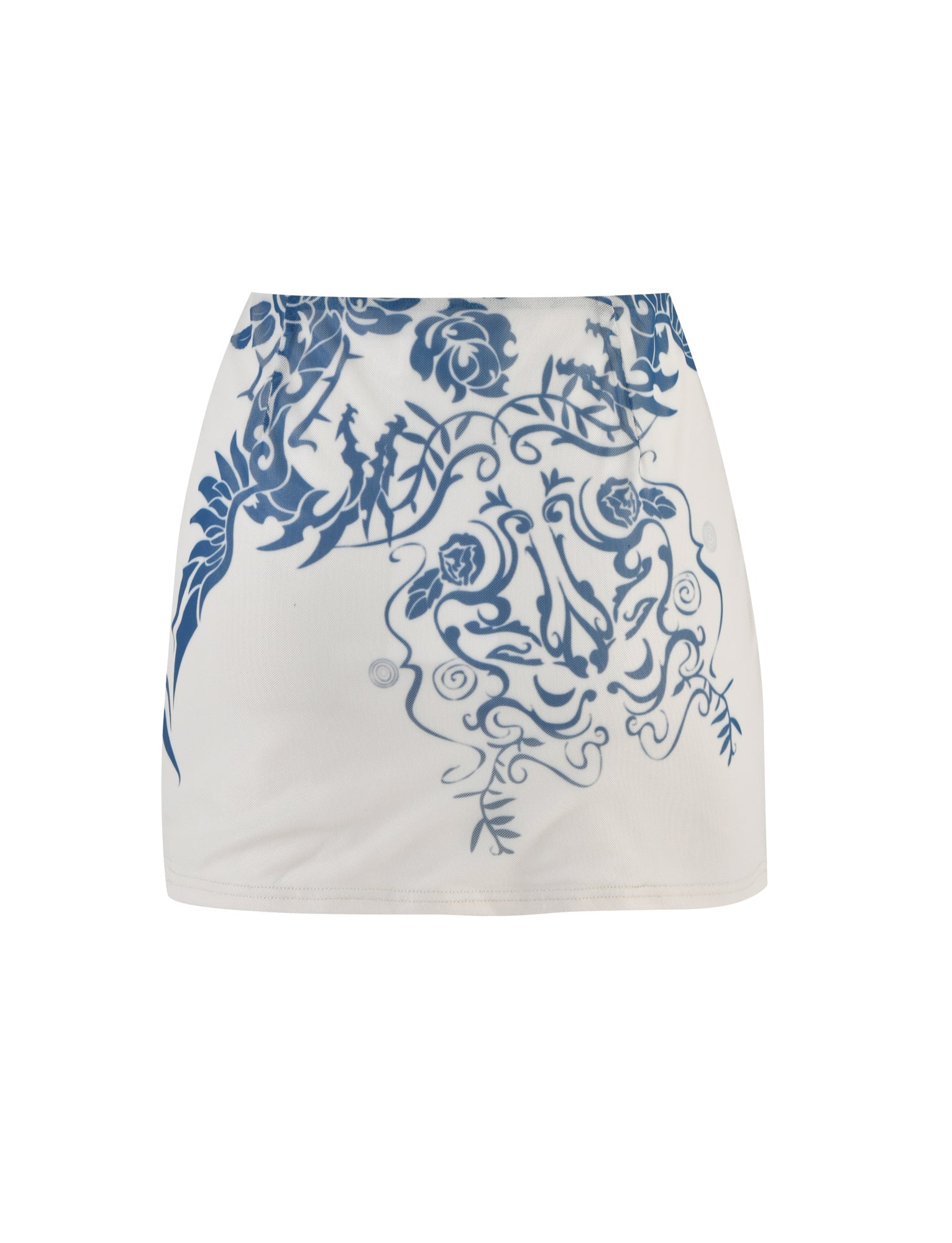 The FINOLA MESH MINI SKIRT from TIGERMIST boasts an intricate blue tattoo print featuring swirls, leaves, and floral motifs on a white background, creating an elegant and detailed decorative look. This fitted skirt is displayed against a plain white backdrop.