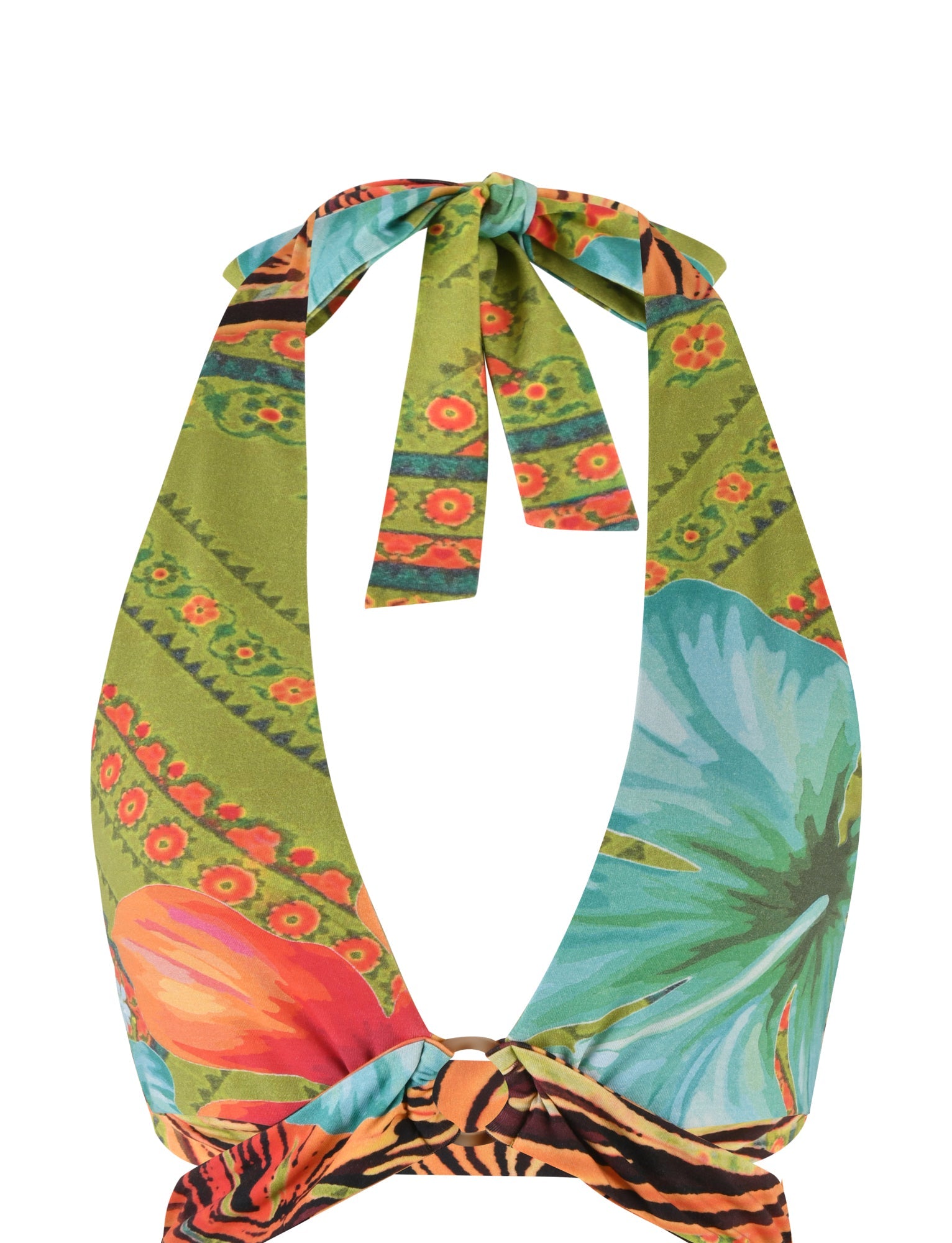 The RAYLEE TOP - MULTI : FLORAL : TROPICAL FLORAL from TIGERMIST is a green halter bikini top featuring a vibrant tropical floral print in shades of orange, red, blue, and yellow. The design showcases intricate leaf motifs and includes a knot at the bottom center along with a tie-up closure at the neck, making it a stunning piece.