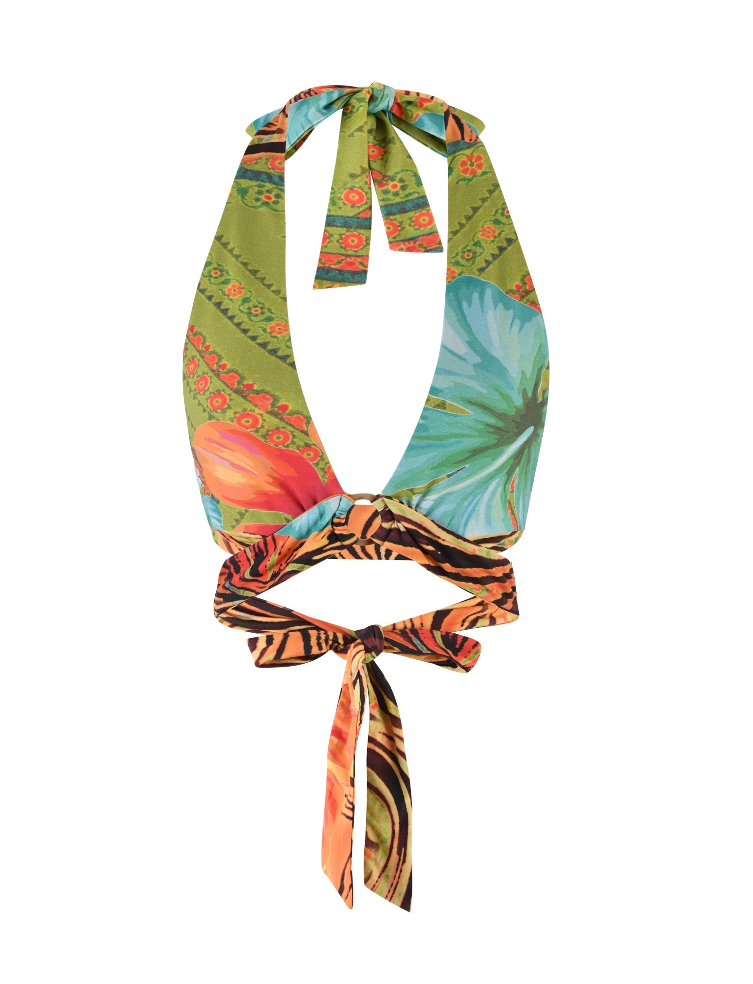 The RAYLEE TOP - MULTI from TIGERMIST is a vibrant halter top with a deep V-neck design and tie closures at the neck and back. The fabric showcases a tropical floral pattern with green, orange, blue, and other colorful motifs.