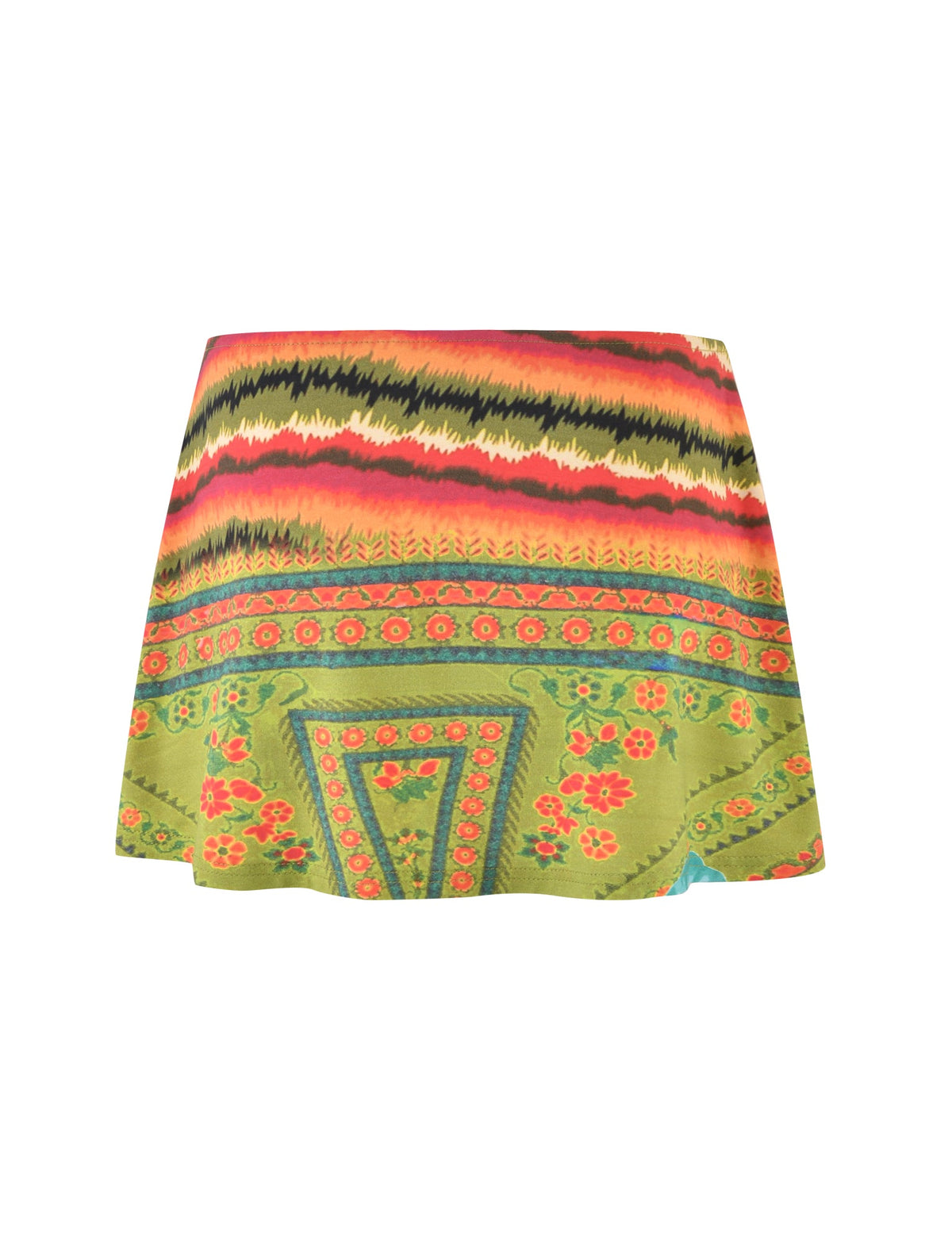 A vibrant, tropical floral Quinley Skort from Tigermist featuring a colorful pattern. The design includes bold stripes in red, orange, and black, contrasted with intricate floral and geometric motifs in green, blue, and yellow. The skort has a slight flare at the hem.