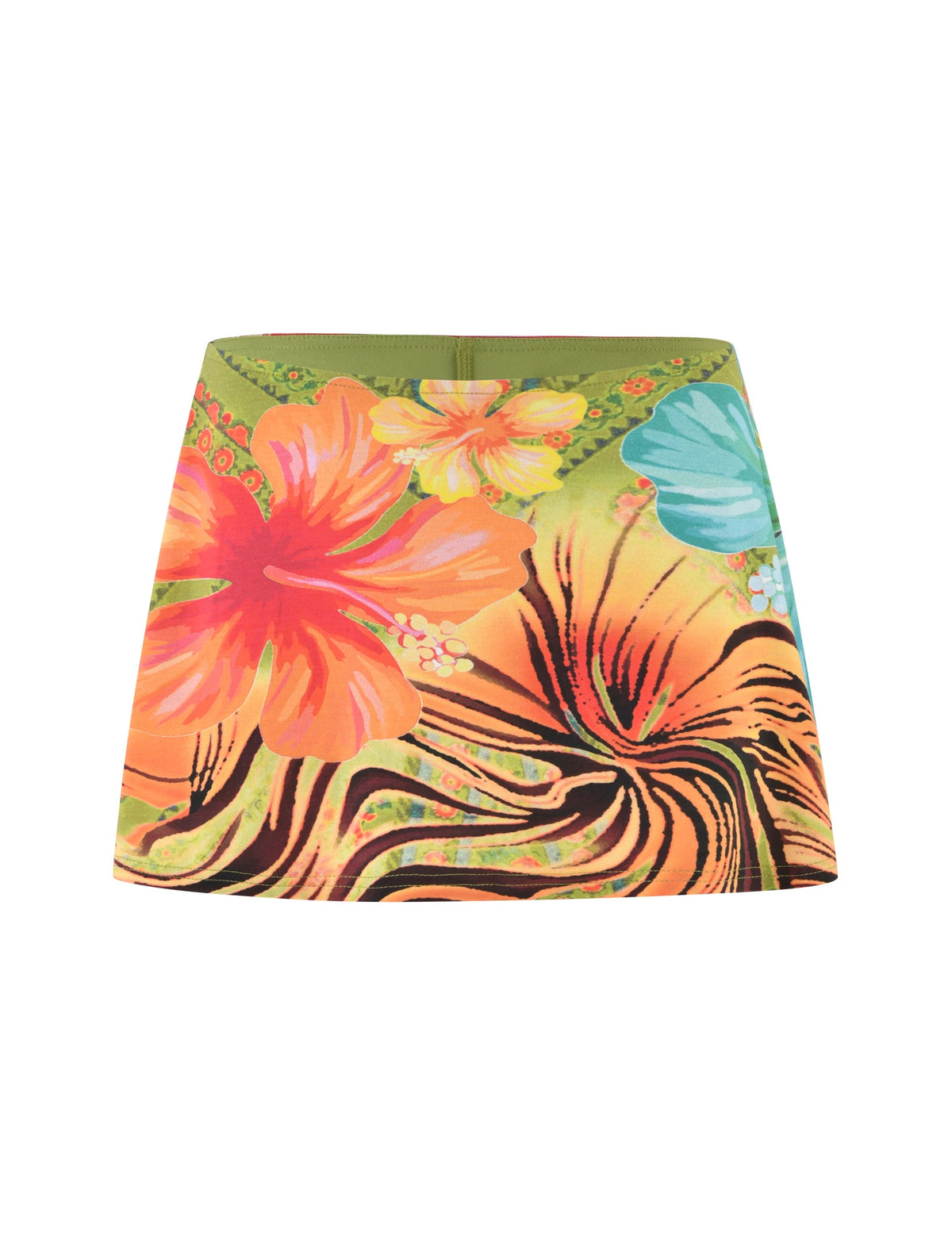 The QUINLEY SKORT - MULTI from TIGERMIST is a vibrant mini skort featuring a colorful tropical floral design with large orange and blue hibiscus flowers, green foliage, and black zebra-like stripes on a gradient background transitioning from orange to green. The skort has a straight, A-line cut.